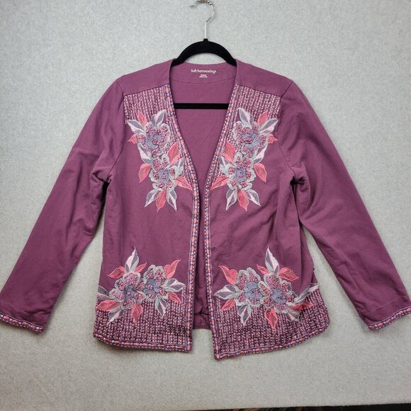 Soft Surroundings Playa Embroidered Open Jacket Dark Berry Size Medium Cotton - Picture 4 of 16